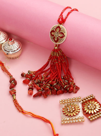 Enamelled Bhaiya Bhabhi Rakhi set with American Diamonds and uncut Coral stones - Only Rakhi (RP22472)