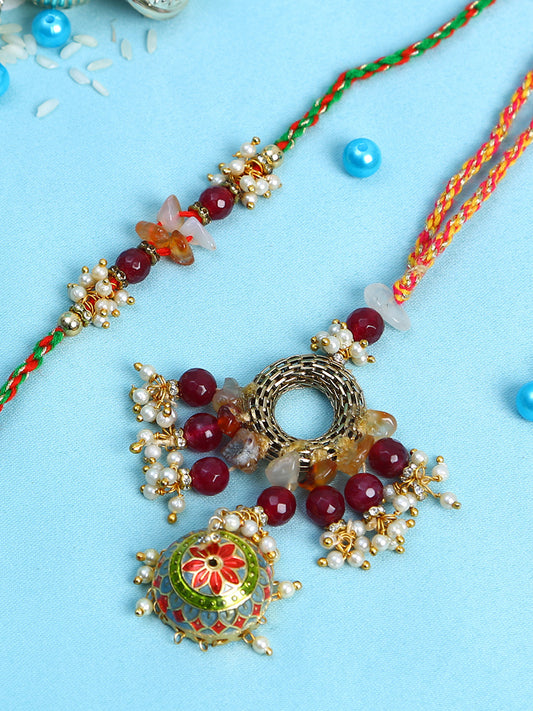Traditional Handcrafted Meena Work Bhaiya Bhabhi Rakhi set with Natural uncut stones - Only Rakhi (RP22473)