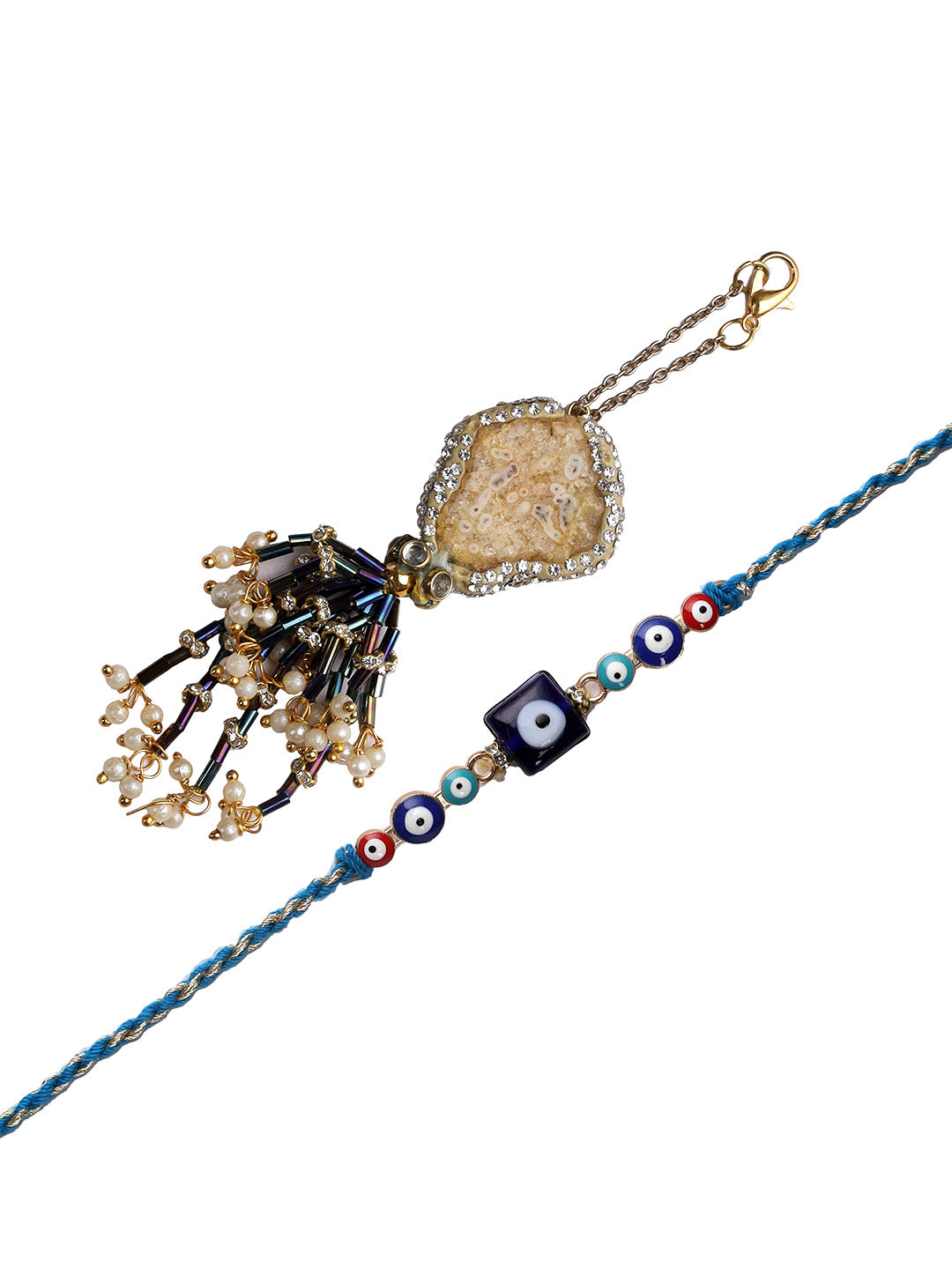 Hand Curated in style with Evils Eye and Natural Lucky Charm stone Bhaiya Bhabhi Rakhi set - Only Rakhi (RP22475)