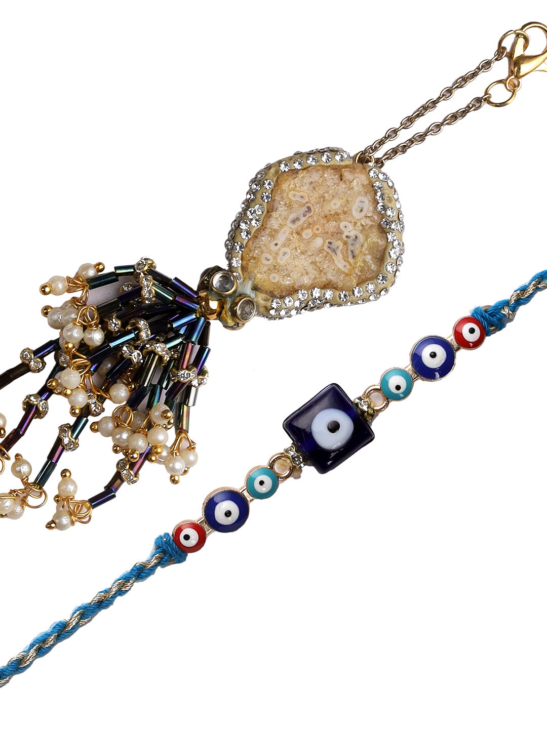 Hand Curated in style with Evils Eye and Natural Lucky Charm stone Bhaiya Bhabhi Rakhi set - Only Rakhi (RP22475)