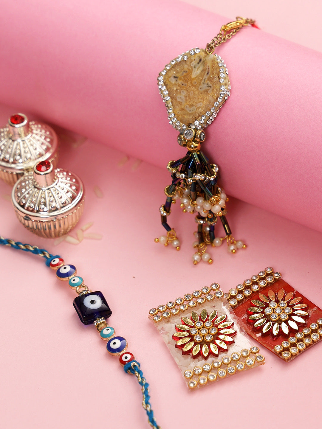 Hand Curated in style with Evils Eye and Natural Lucky Charm stone Bhaiya Bhabhi Rakhi set - Only Rakhi (RP22475)
