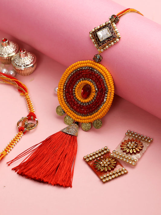 All in All Bhaiya Bhabhi Rakhi set with Beads , Pearls and Kundan work - Only Rakhi (RP22476)