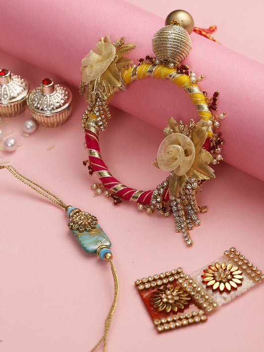 Traditional Gotta work Bhaiya Bhabhi Rakhi set with Golden Balls - Only Rakhi (RP22477)