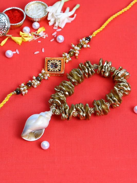 Traditional Shell and Uncut Stones Paired Bhaiya Bhabhi Rakhi set - Only Rakhi (RP22481)