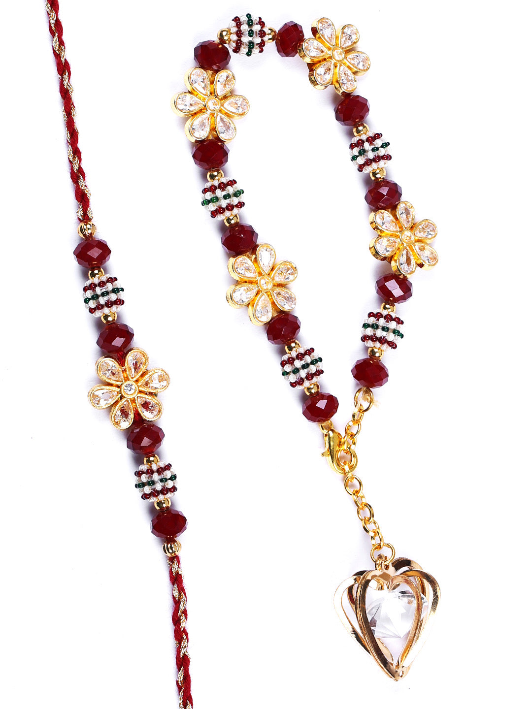 Beautiful Maroon Beads Bhaiya Bhabhi Rakhi Set with uncut Diamond Flowers - Only Rakhi (RP22483)
