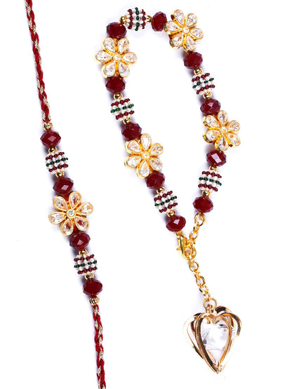 Beautiful Maroon Beads Bhaiya Bhabhi Rakhi Set with uncut Diamond Flowers - Only Rakhi (RP22483)