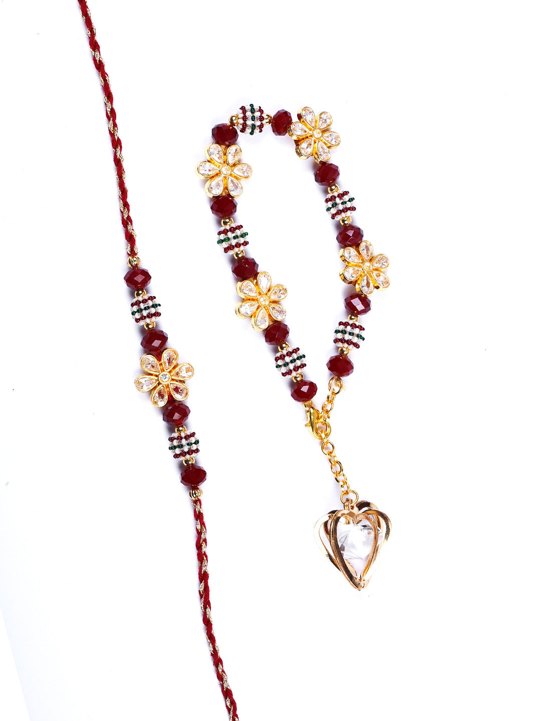 Beautiful Maroon Beads Bhaiya Bhabhi Rakhi Set with uncut Diamond Flowers - Only Rakhi (RP22483)