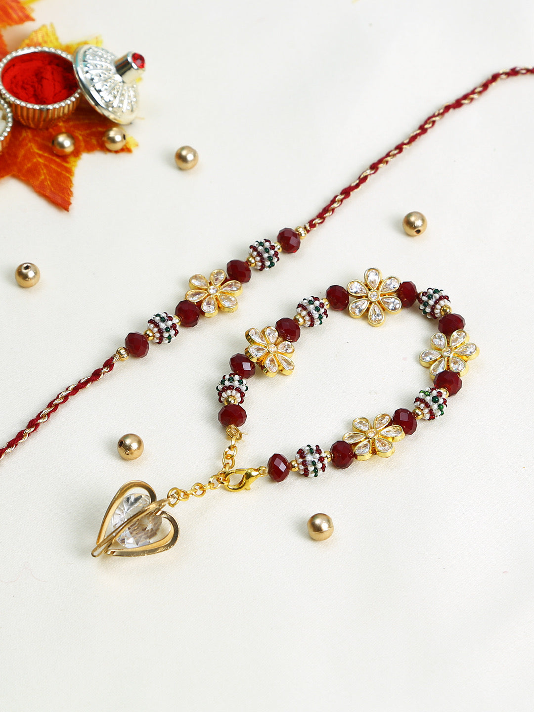 Beautiful Maroon Beads Bhaiya Bhabhi Rakhi Set with uncut Diamond Flowers - Only Rakhi (RP22483)