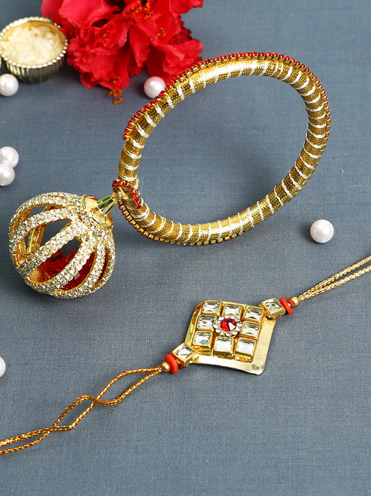 Traditional Churi style Bhaiya Bhabhi Rakhi set with Kundan work - Only Rakhi (RP22484)
