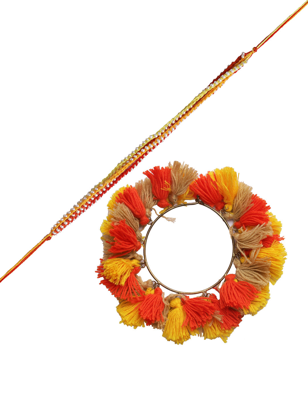 Traditional Pearl and Red Yellow Pom-pom Bhaiya Bhabhi Rakhi Set - Only Rakhi (RP22487)