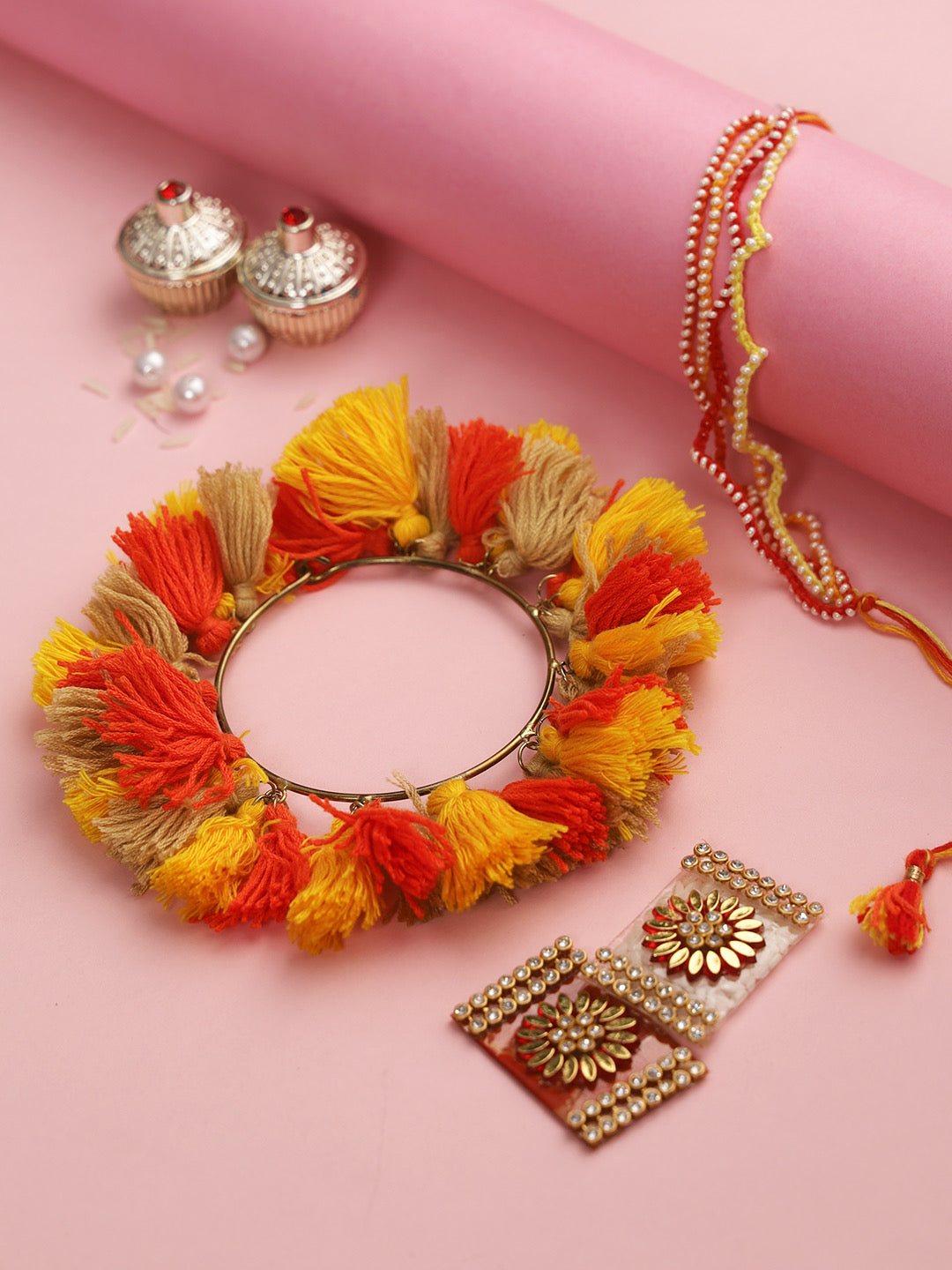 Traditional Pearl and Red Yellow Pom-pom Bhaiya Bhabhi Rakhi Set - Only Rakhi (RP22487)