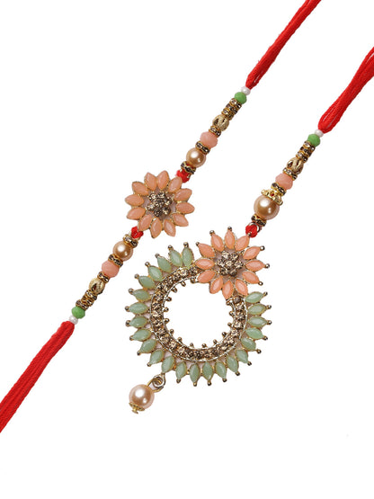 Multicolour Kundan work Bhaiya Bhabhi Rakhi Set with Pearl Dangler - Only Rakhi (RP22492)