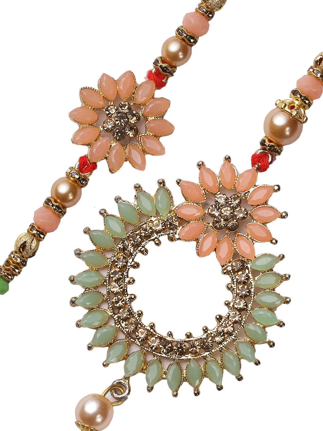 Multicolour Kundan work Bhaiya Bhabhi Rakhi Set with Pearl Dangler - Only Rakhi (RP22492)