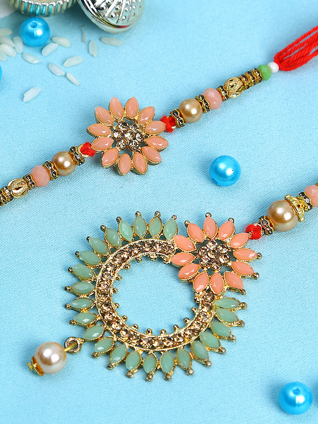 Multicolour Kundan work Bhaiya Bhabhi Rakhi Set with Pearl Dangler - Only Rakhi (RP22492)