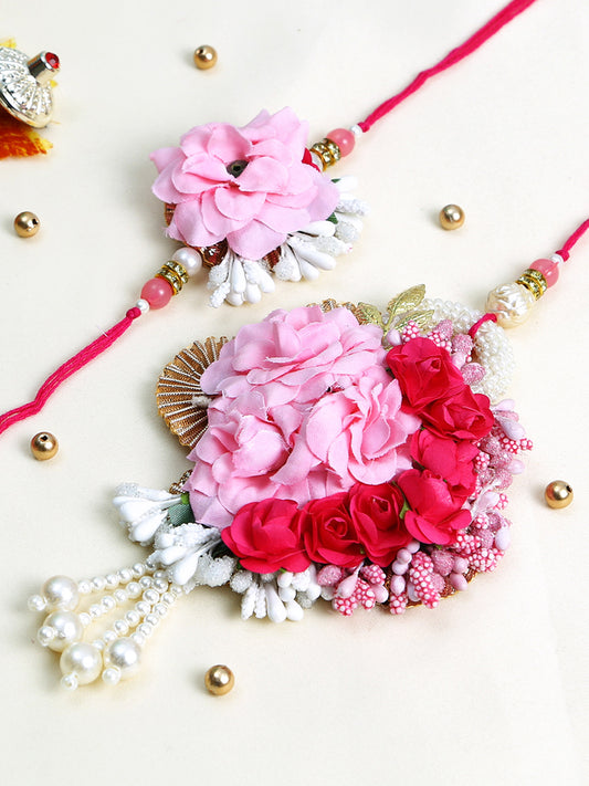 Beautiful Red and Pink Rosy Bhaiya Bhabhi Rakhi set with Pearl Danglers - Only Rakhi (RP22494)