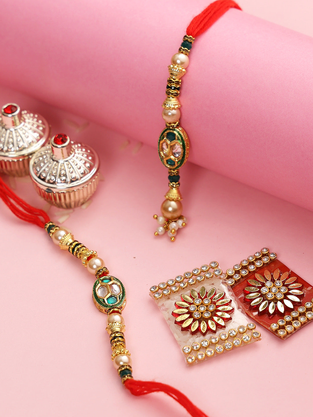 Golden Rings and Meena Work Bhaiya Bhabhi Rakhi Set - Only Rakhi (RP22496)