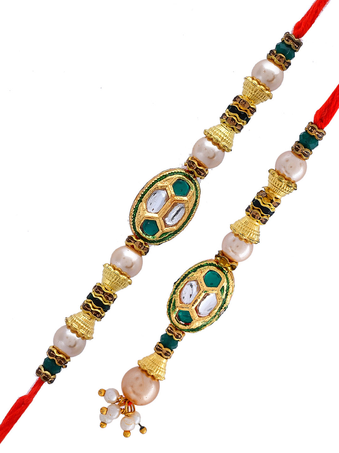 Kundan & Emerald Woven Beaded Bhaiya Bhabhi Rakhi Set. - Only Rakhi (RP22496_J23)