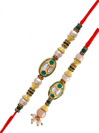 Kundan & Emerald Woven Beaded Bhaiya Bhabhi Rakhi Set. - Only Rakhi (RP22496_J23)