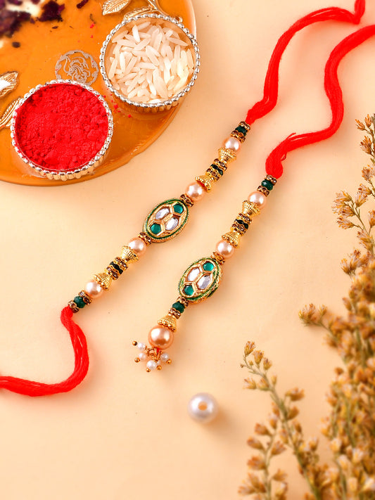 Kundan & Emerald Woven Beaded Bhaiya Bhabhi Rakhi Set. - Only Rakhi (RP22496_J23)