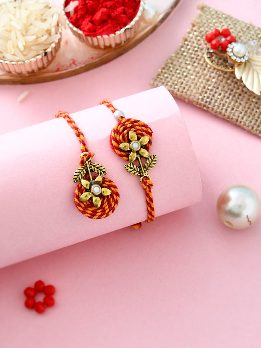 Traditional Golden Flower Bhaiya Bhabhi Rakhi Set - Only Pair (RP2301)