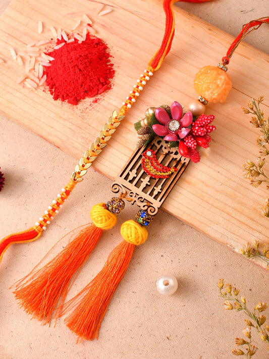Metal & MDF Crafted Orange Chirping Birds Bhaiya Bhabhi Rakhi - Only Rakhi (RP23101)