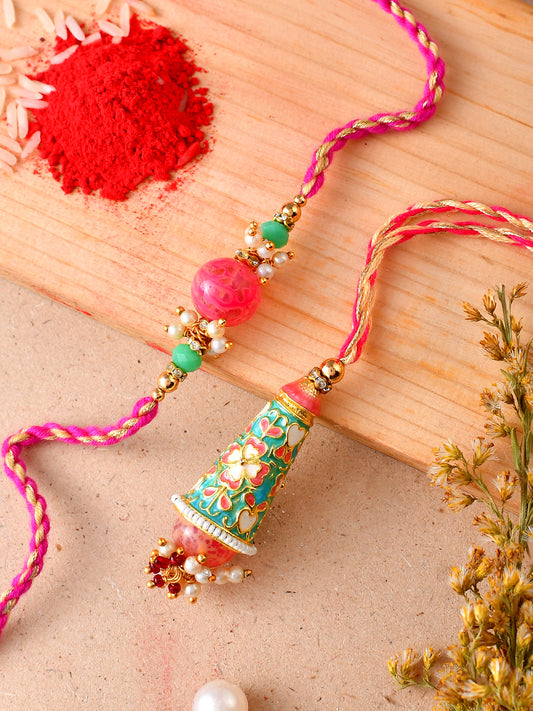 Cyan & Peach Ceramic Enamled Pastel Bhaiya Bhabhi Rakhi - Only Rakhi (RP23103)