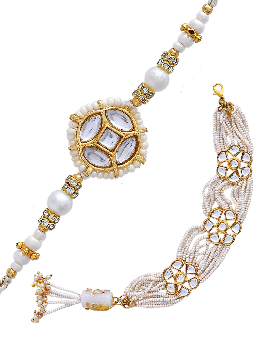 Dazzling White Pearl & Mirror Work Exclusive Bhaiya Bhabhi Rakhi - Only Rakhi (RP23105)