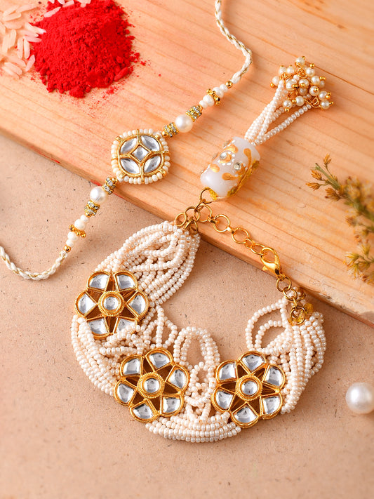 Dazzling White Pearl & Mirror Work Exclusive Bhaiya Bhabhi Rakhi - Only Rakhi (RP23105)