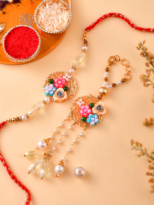 White Metal & Pearl Flower Embellished Bhaiya Bhabhi Rakhi - Only Rakhi (RP23107)
