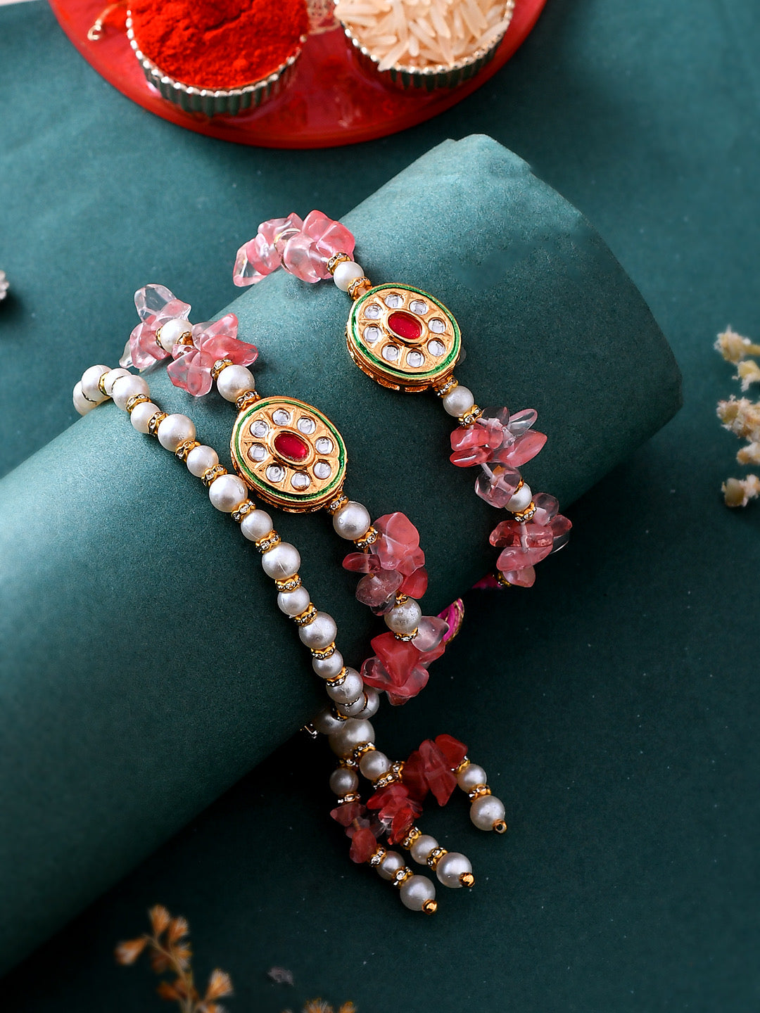 Pink Stones & Pearl Embellished Dazzling Bhaiya Bhabhi Rakhi Set. - Only Rakhi (RP23120)