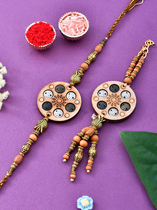 Circular Wooden Designed Stylish Bhaiya Bhabhi Rakhi Set. - Only Rakhi (RP23123)