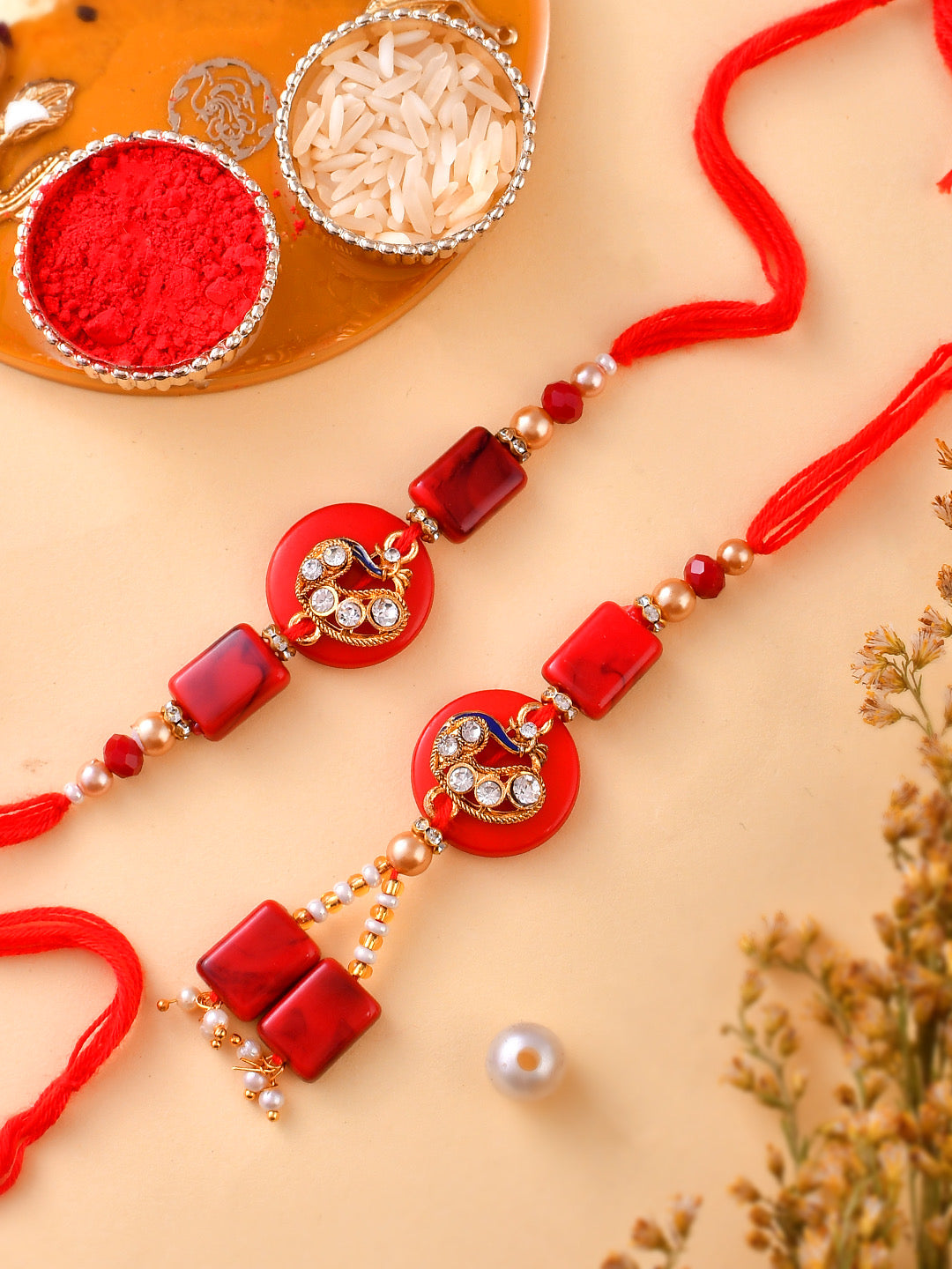 Scarlet Gemstone & Resin Embellished Bhaiya Bhabhi Rakhi - Only Rakhi (RP23131)