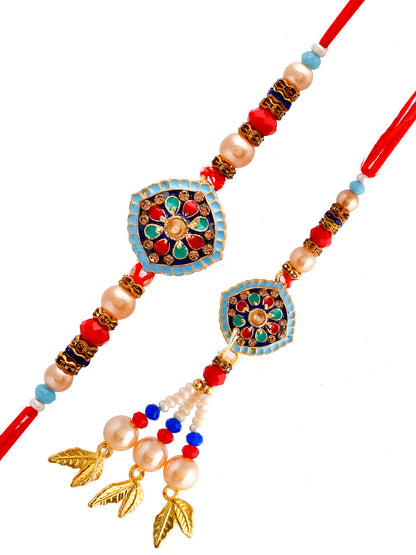 Metal & Kundan Studded With Dropped Pearl Balls Bhaiya Bhabhi Rakhi. - Only Rakhi (RP23134)