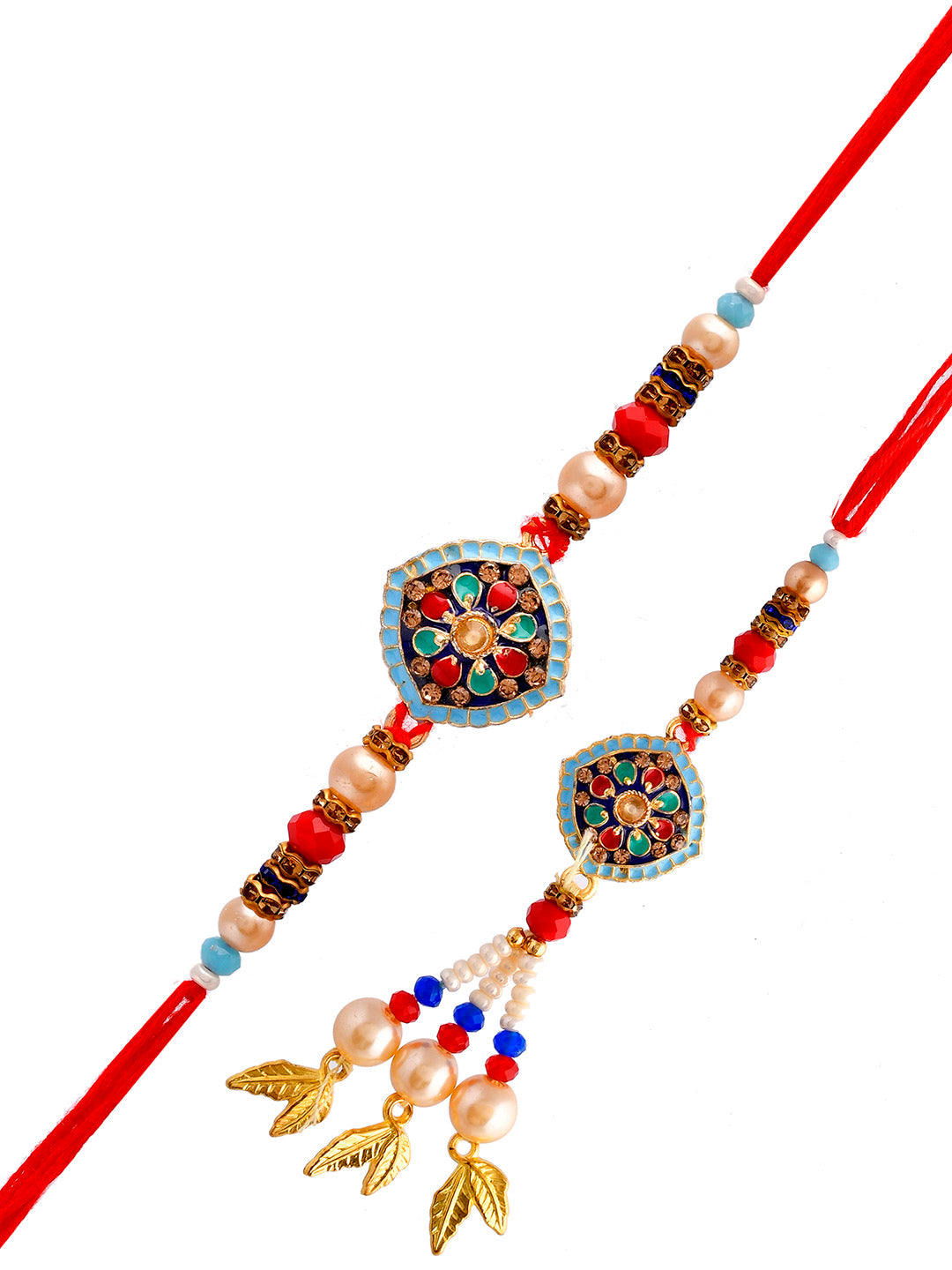 Metal & Kundan Studded With Dropped Pearl Balls Bhaiya Bhabhi Rakhi. - Only Rakhi (RP23134)