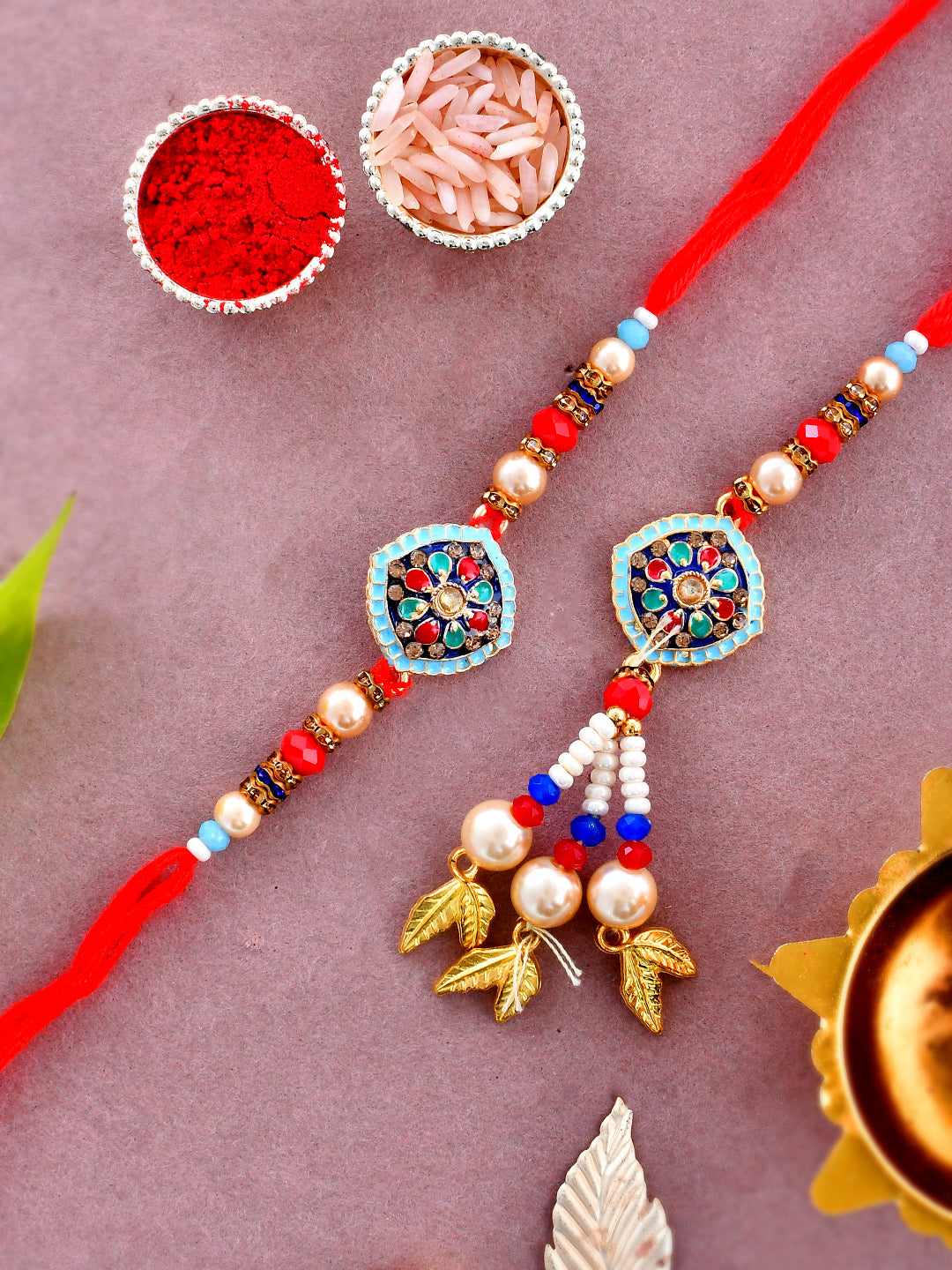 Metal & Kundan Studded With Dropped Pearl Balls Bhaiya Bhabhi Rakhi. - Only Rakhi (RP23134)