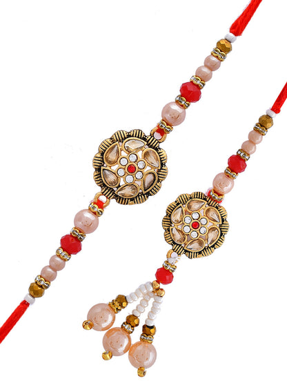 Red and Rose Gold Traditional Bhaiya Bhabhi Rakhi with Embellishments. - Only Rakhi (RP23136)