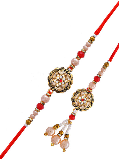 Red and Rose Gold Traditional Bhaiya Bhabhi Rakhi with Embellishments. - Only Rakhi (RP23136)