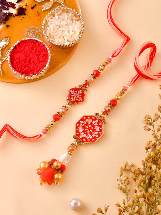 Scarlet Red Enamled Vibrant Bhaiya Bhabhi Rakhi with Danglers - Only Rakhi (RP23137)