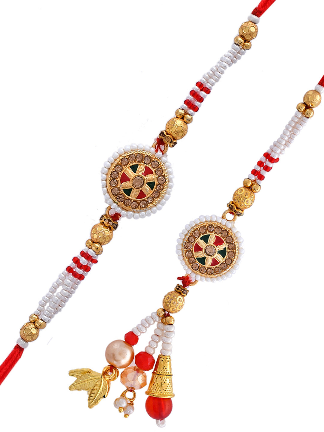 Red and Gold Traditional Bhaiya Bhabhi Rakhi with Pearl Embellishments - Only Rakhi (RP23139)