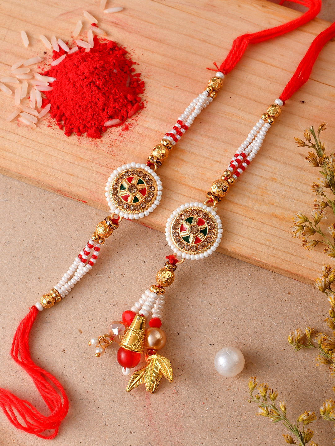 Red and Gold Traditional Bhaiya Bhabhi Rakhi with Pearl Embellishments - Only Rakhi (RP23139)