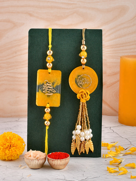 Yellow Resin Elegant Bhaiya Bhabhi Rakhi with Extended Pearls - Only Rakhi (RP23153)