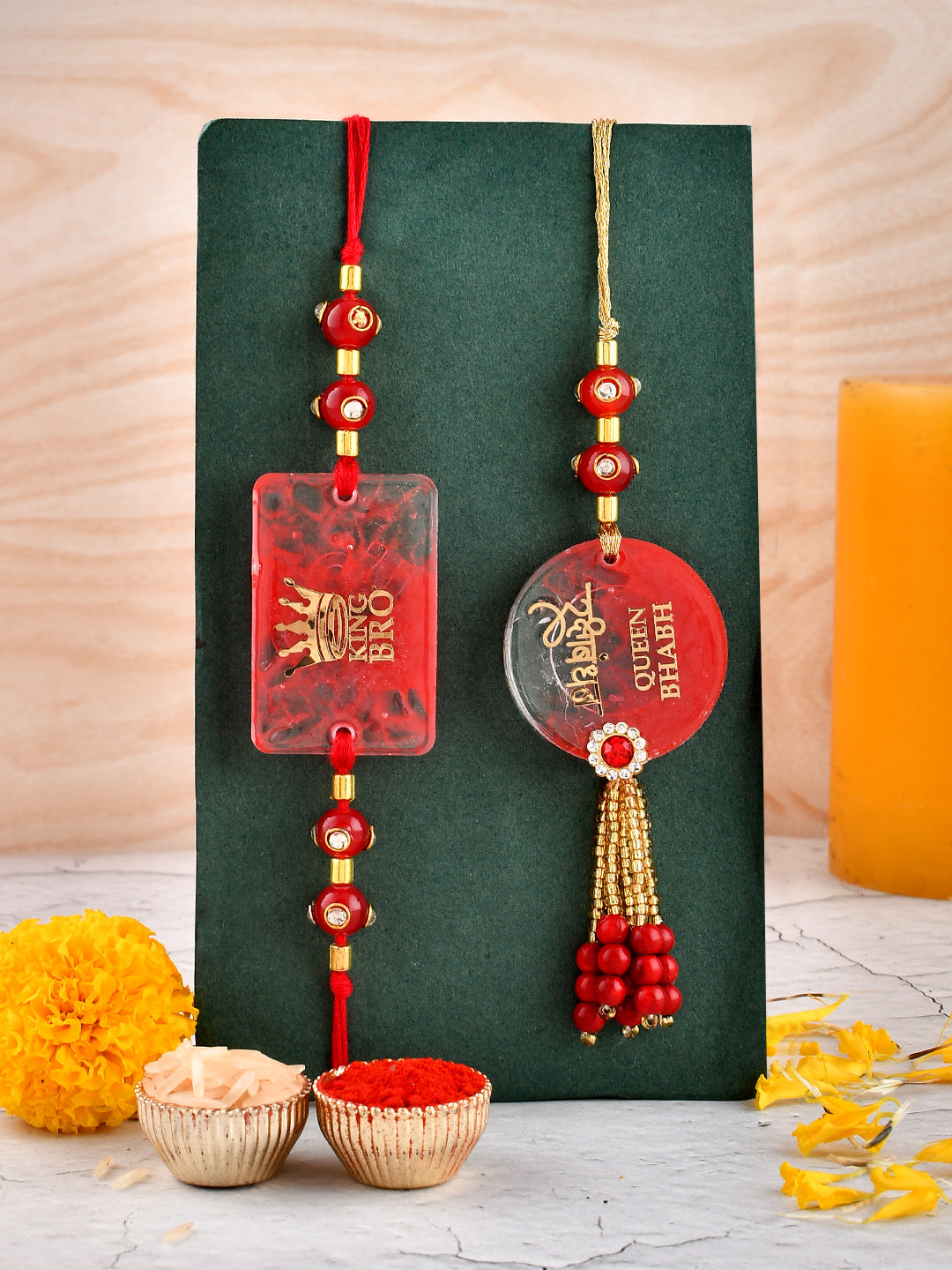 Red & Golden Resin Elegant Bhaiya Bhabhi Rakhi with Extended Pearls. - Only Rakhi (RP23154)