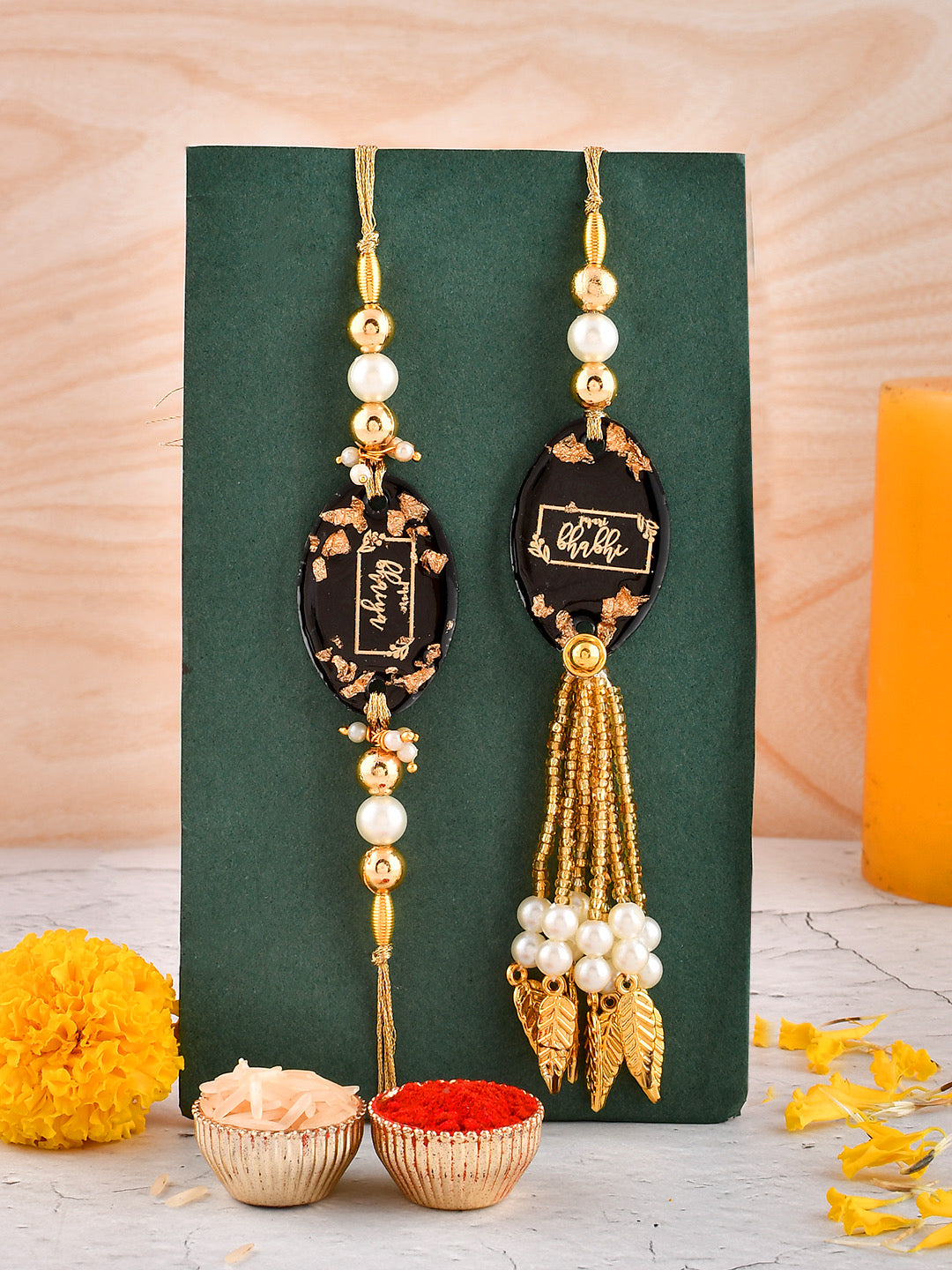 Sparkling Black & Golden Resin Crafted & Pearled Dazzling Bhaiya Bhabhi Rakhi - Only Rakhi (RP23155)