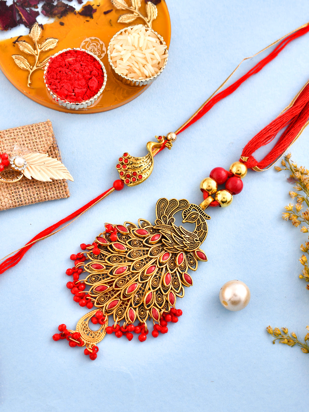Peacock Embellished Bhaiya Bhabhi Rakhi Set - Only Pair (RP2316)