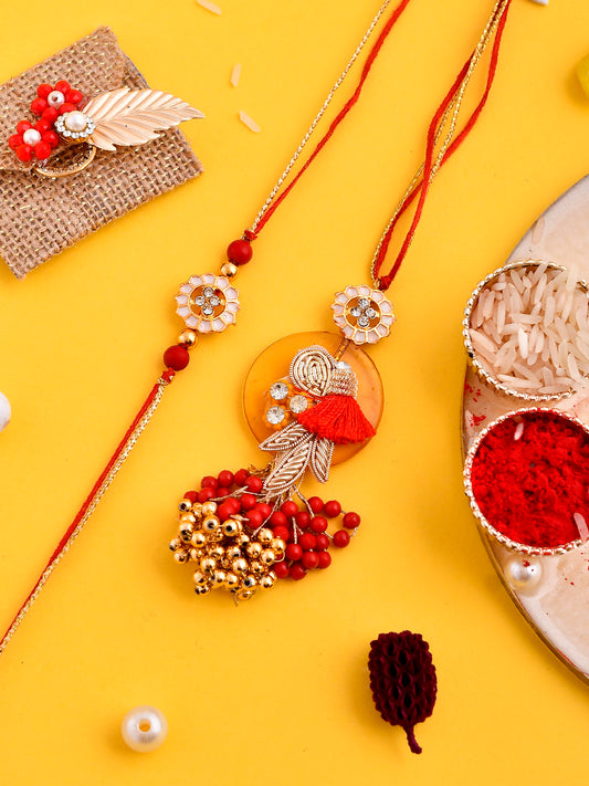 Red and Gold Beaded Zardosi Designed Fancy Bhaiya Bhabhi Rakhi Set - Only Pair (RP2330)