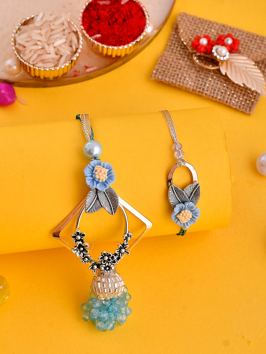 Blue Beads and Silver Woven Luxe Bhaiya Bhabhi Rakhi Set - Only Pair (RP2335)