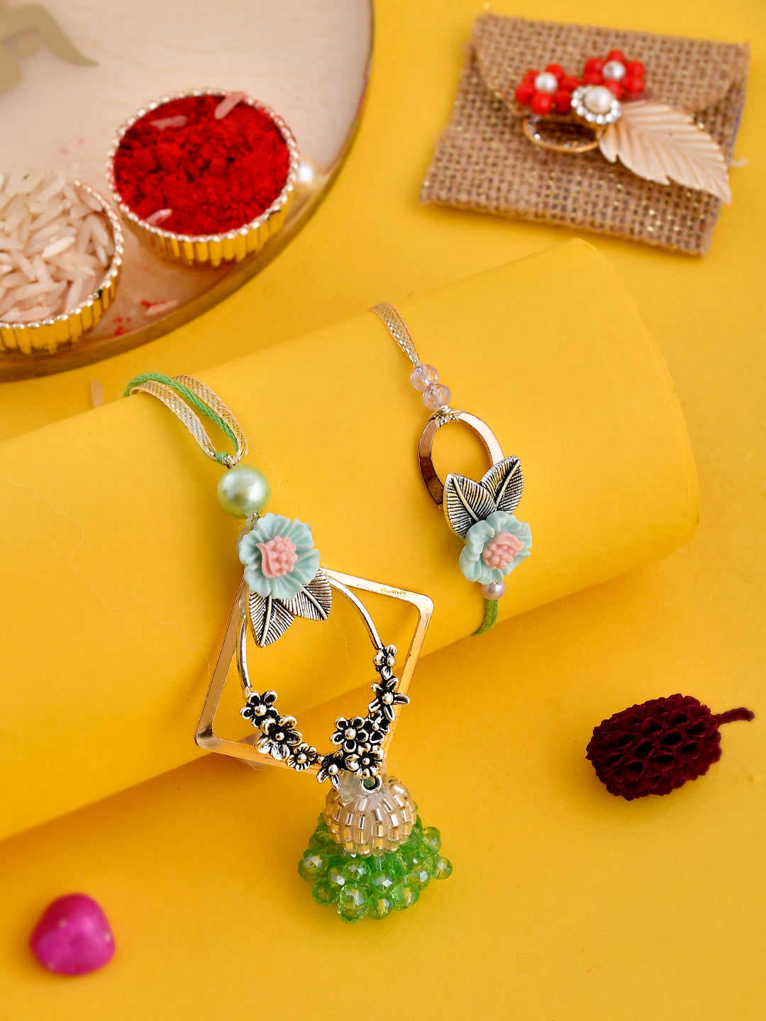 Beads and Silver Woven Luxe Bhaiya Bhabhi Rakhi Set - Only Pair (RP2336)