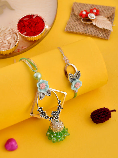 Beads and Silver Woven Luxe Bhaiya Bhabhi Rakhi Set - Only Pair (RP2336)