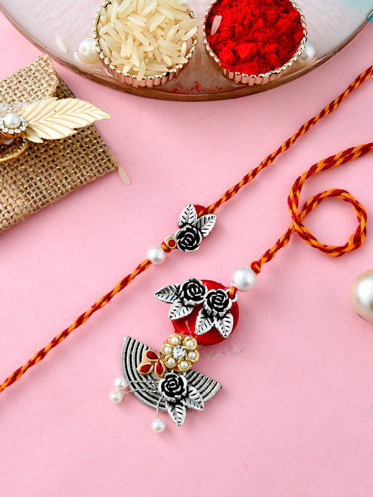 Traditional Silver Flower Design Bhaiya Bhabhi Rakhi Set - Only Pair (RP2342)