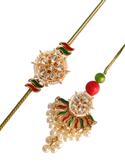 Kundan & Pearl Crafted Dazzling Red and Green Bhaiya Bhabhi Rakhi Set - Only Rakhi (RP2343G)